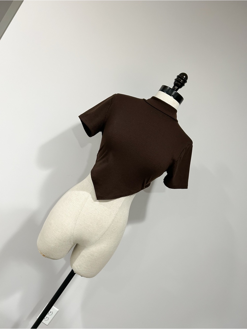Brown Ribbed Mock Neck Short Sleeve Crop Top